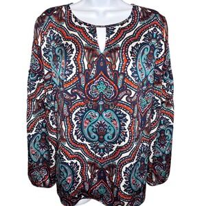 Talbots Womens Navy Orange Paisley Long Sleeve Top Sz M Flowy Bohemian Career